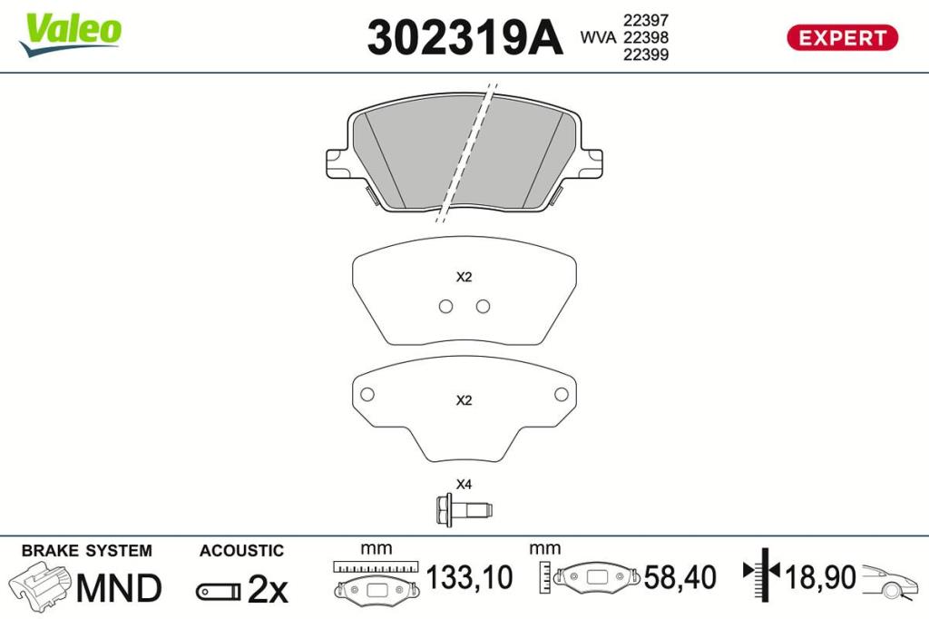 Jeu de 4 plaquettes de frein VALEO ref. 302319A